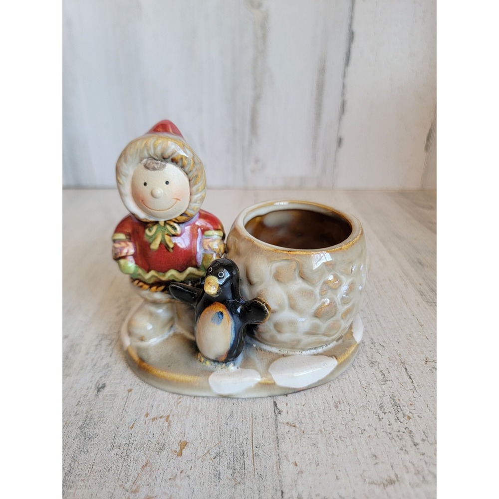 Yankee candle tealight penguin Xmas Eskimo girl ceramic unique‎ holder